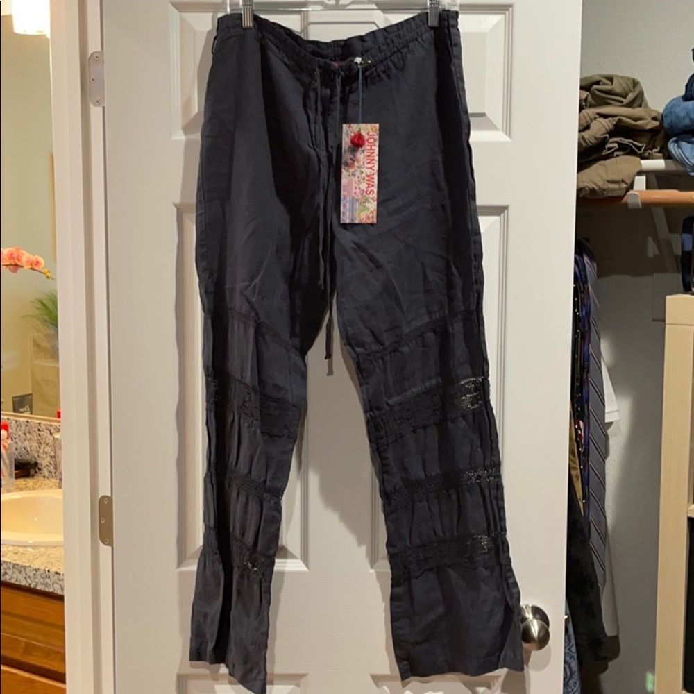 Johnny Was Black Linen Boot Leg Pants SZ L $212